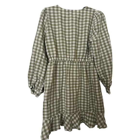 VERO MODA Green & White Gingham Checkered Long-Sleeve Faux Wrap Dress Size M - Picture 2 of 6